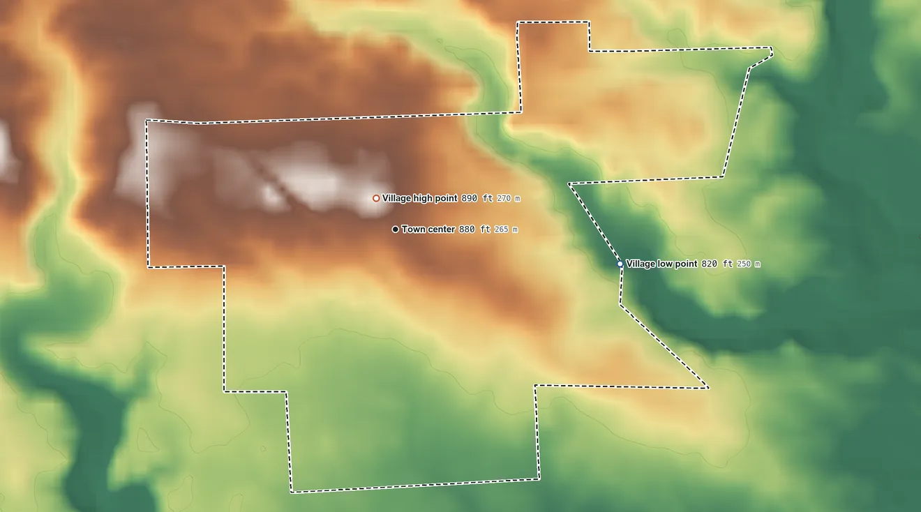 Topographic elevation map of Farmersville, Ohio, shaded from 820 ft on the east side to 890 ft near the middle