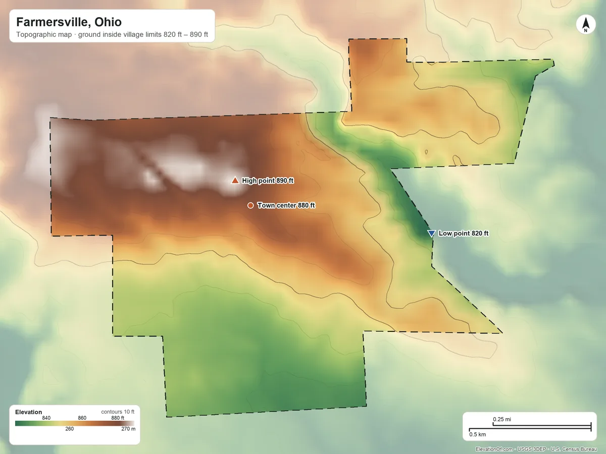 Topographic elevation map of Farmersville, Ohio, shaded from 820 ft on the east side to 890 ft near the middle