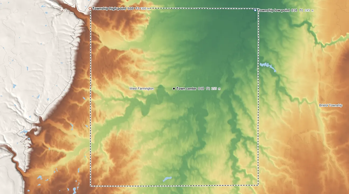 Topographic elevation map of Farmington Township, Ohio, shaded from 810 ft on the northeast side to 980 ft on the northwest side