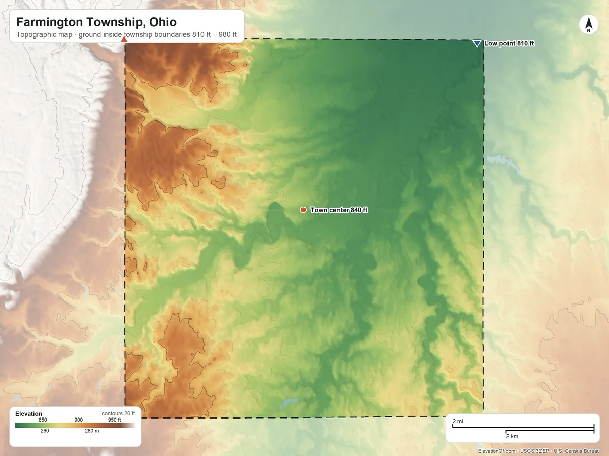 Topographic elevation map of Farmington Township, Ohio, shaded from 810 ft on the northeast side to 980 ft on the northwest side