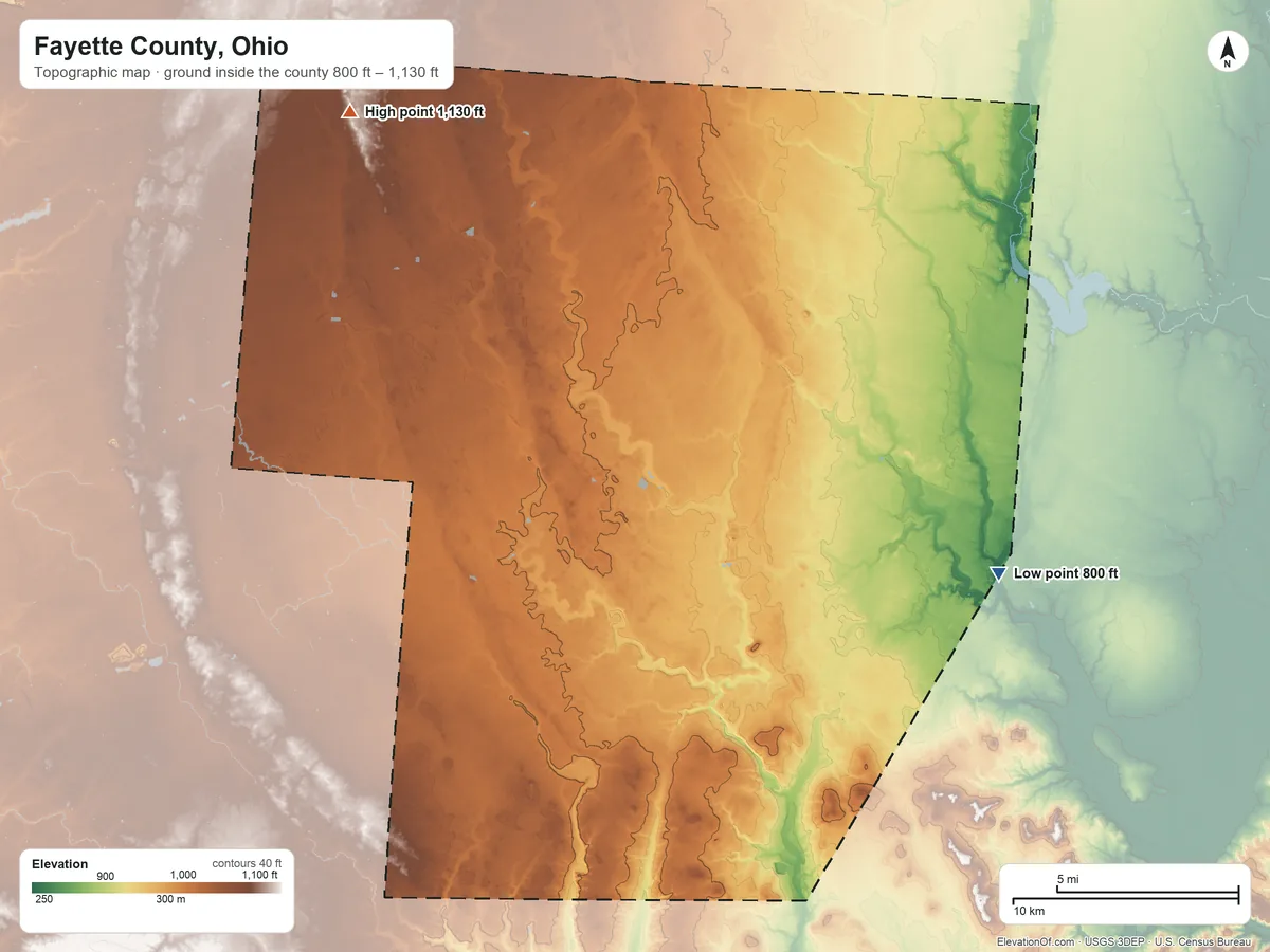 Topographic elevation map of Fayette County, Ohio, shaded from 800 ft on the east side to 1,130 ft on Dumpling Hill