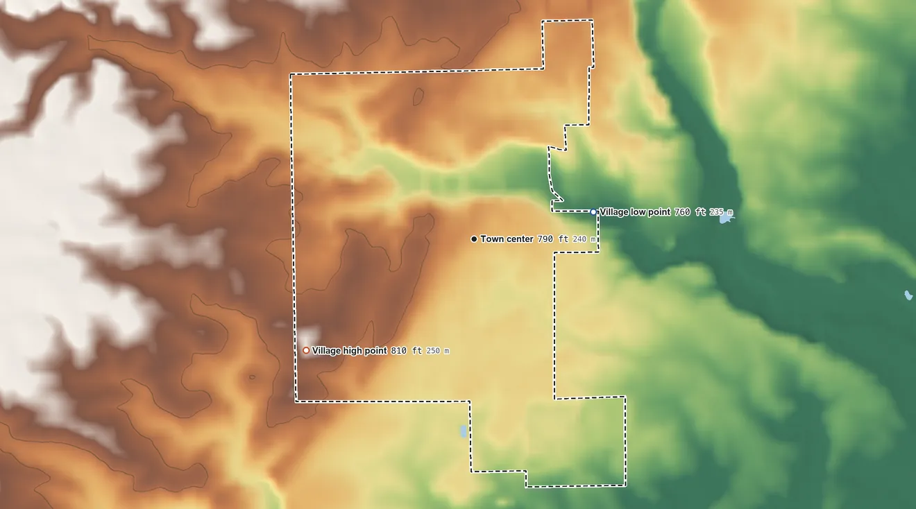 Topographic elevation map of Fayette, Ohio, shaded from 760 ft on the east side to 810 ft on the southwest side