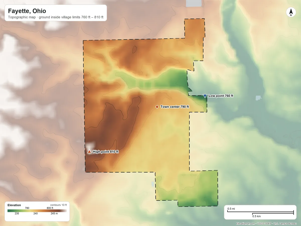 Topographic elevation map of Fayette, Ohio, shaded from 760 ft on the east side to 810 ft on the southwest side