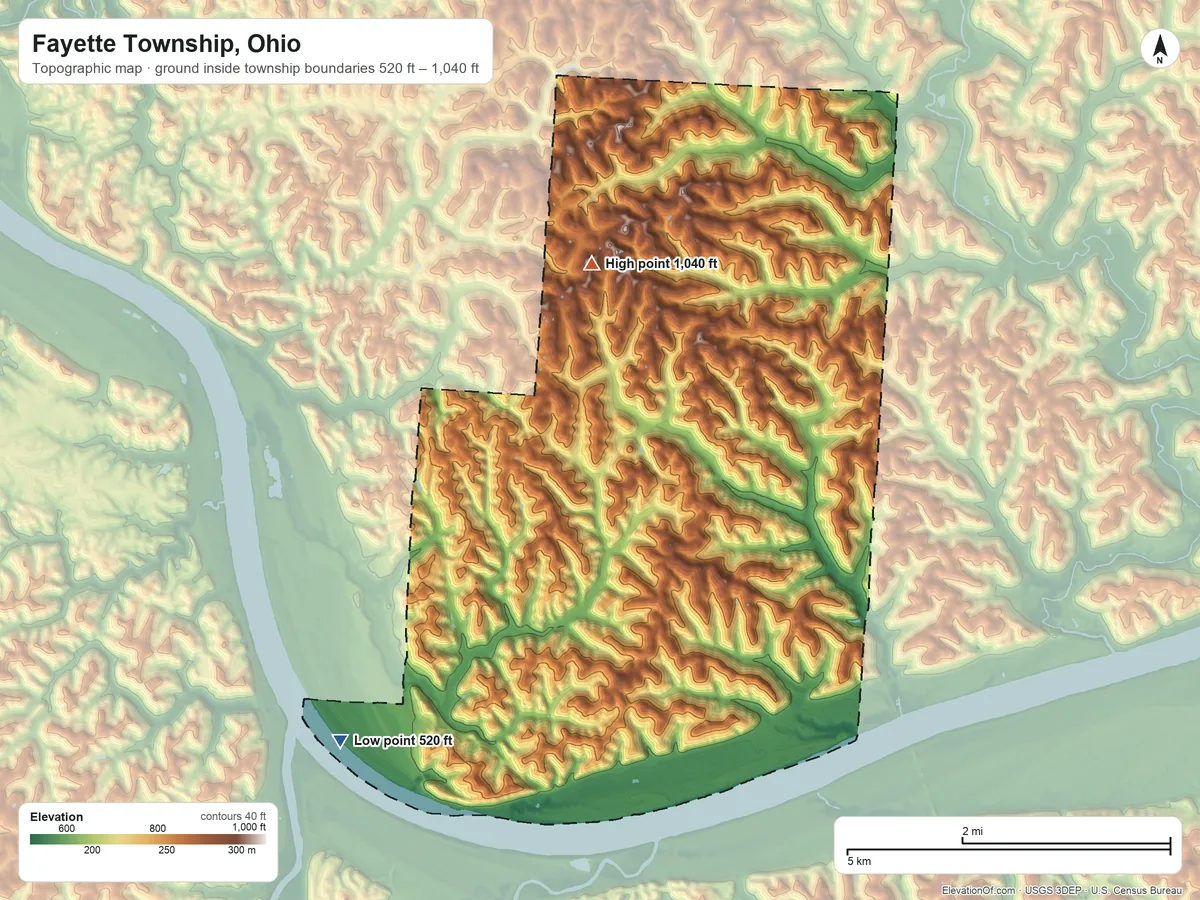 Topographic elevation map of Fayette Township, Ohio, shaded from 520 ft on the southwest side to 1,040 ft on the north side
