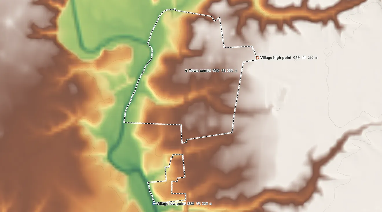 Topographic elevation map of Fayetteville, Ohio, shaded from 880 ft on the south side to 950 ft on the east side