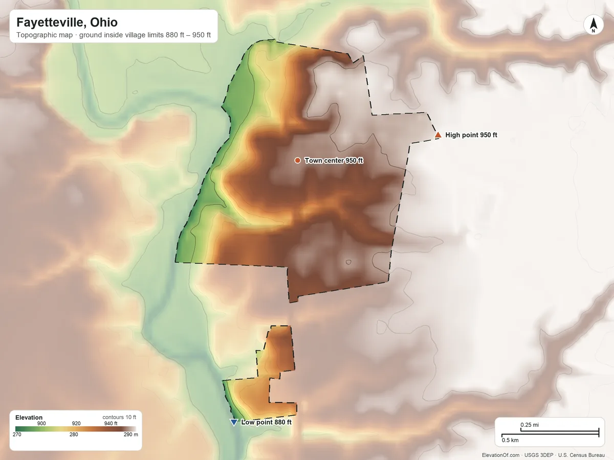 Topographic elevation map of Fayetteville, Ohio, shaded from 880 ft on the south side to 950 ft on the east side