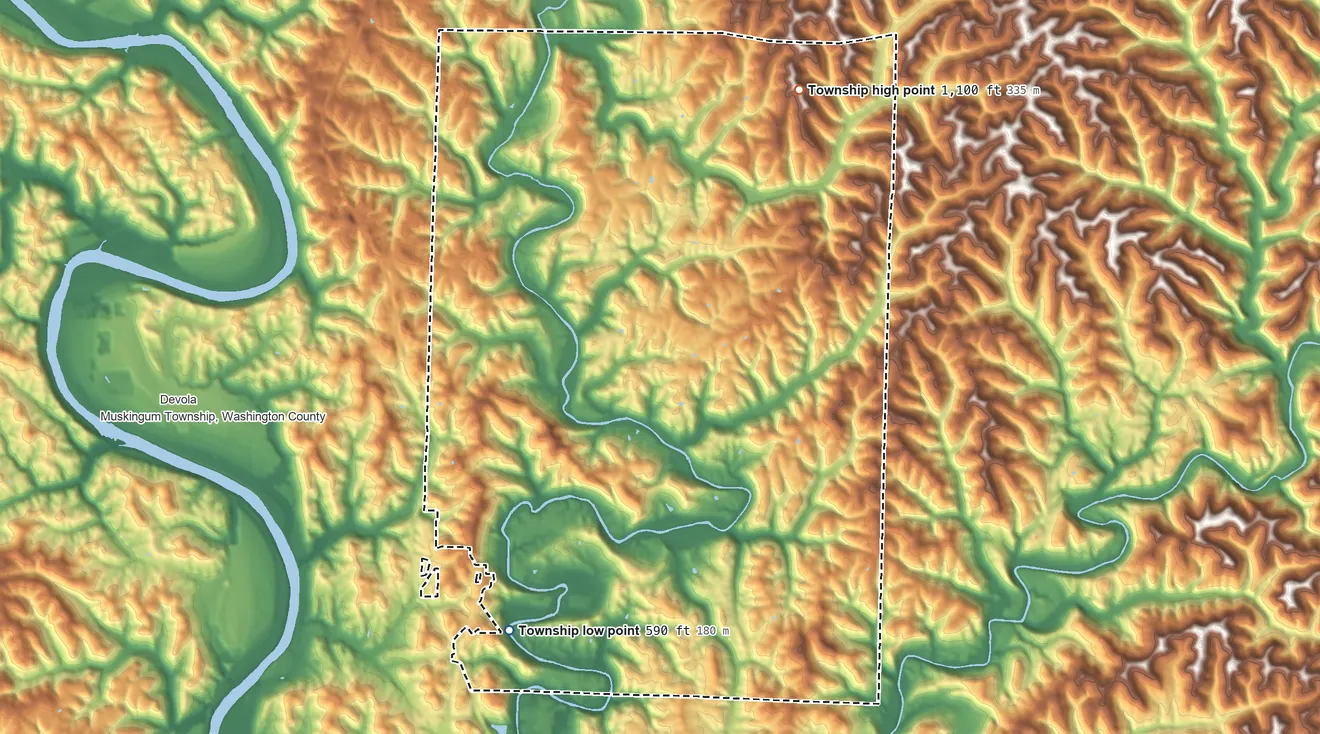 Topographic elevation map of Fearing Township, Ohio, shaded from 590 ft on the southwest side to 1,100 ft on the northeast side