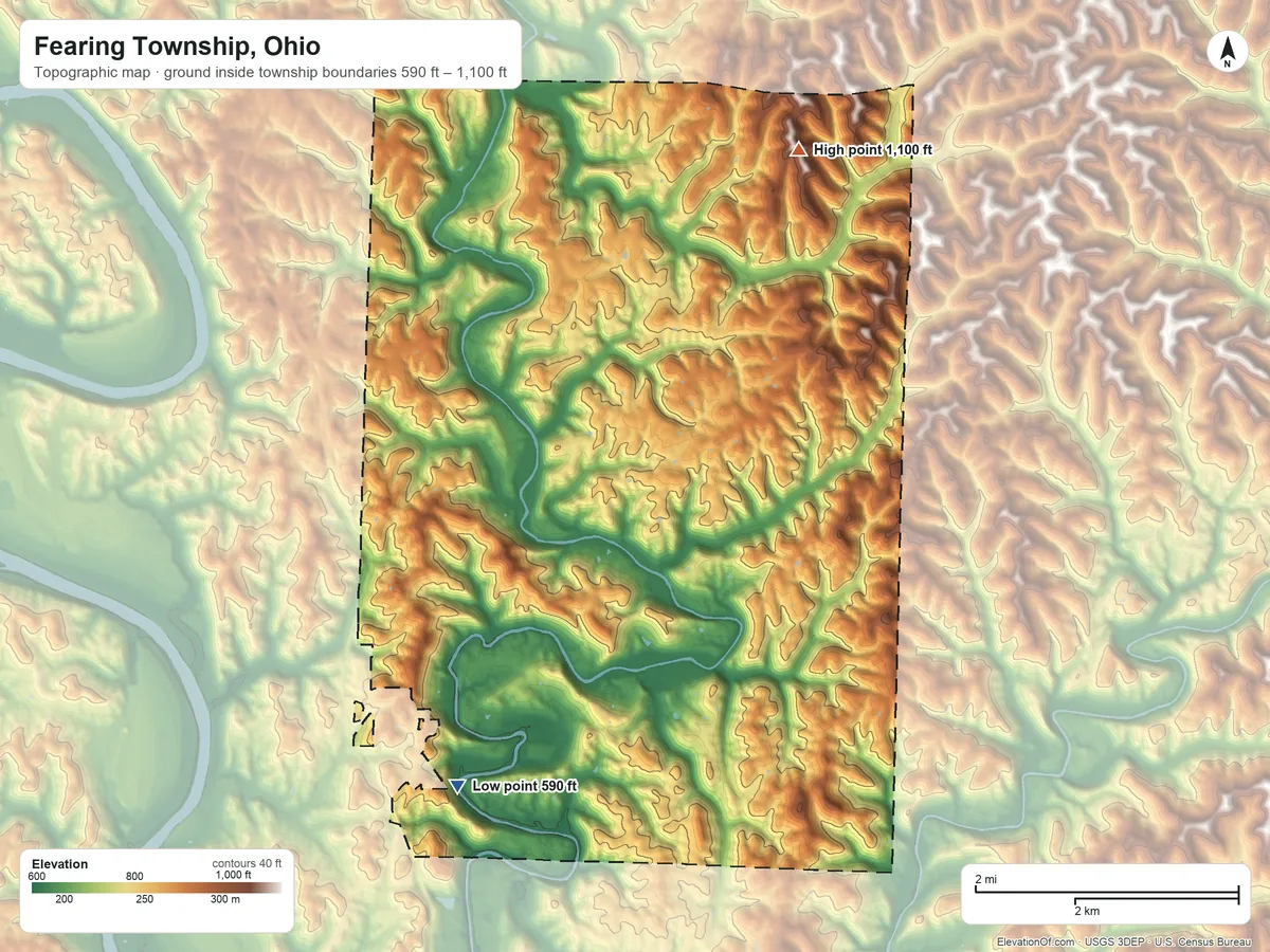 Topographic elevation map of Fearing Township, Ohio, shaded from 590 ft on the southwest side to 1,100 ft on the northeast side