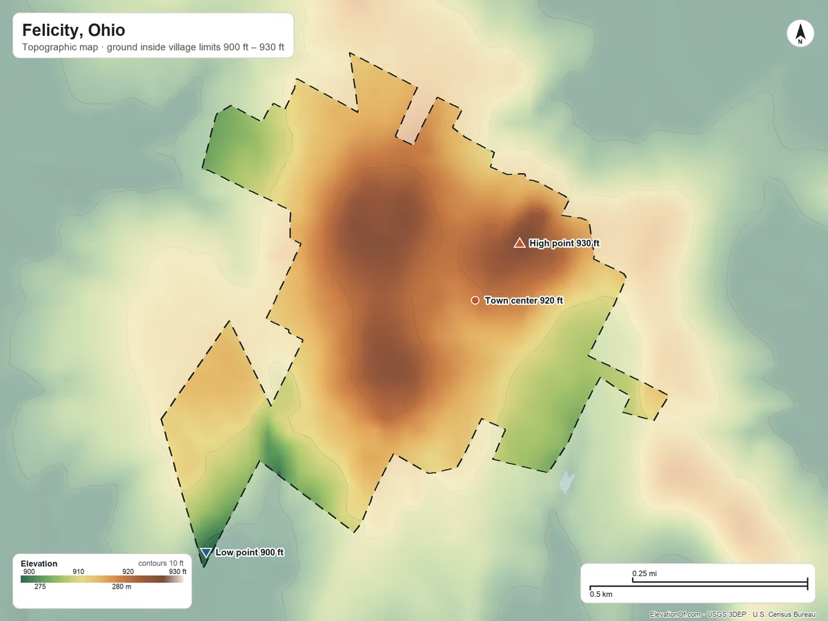 Topographic elevation map of Felicity, Ohio, shaded from 900 ft on the southwest side to 930 ft near the middle