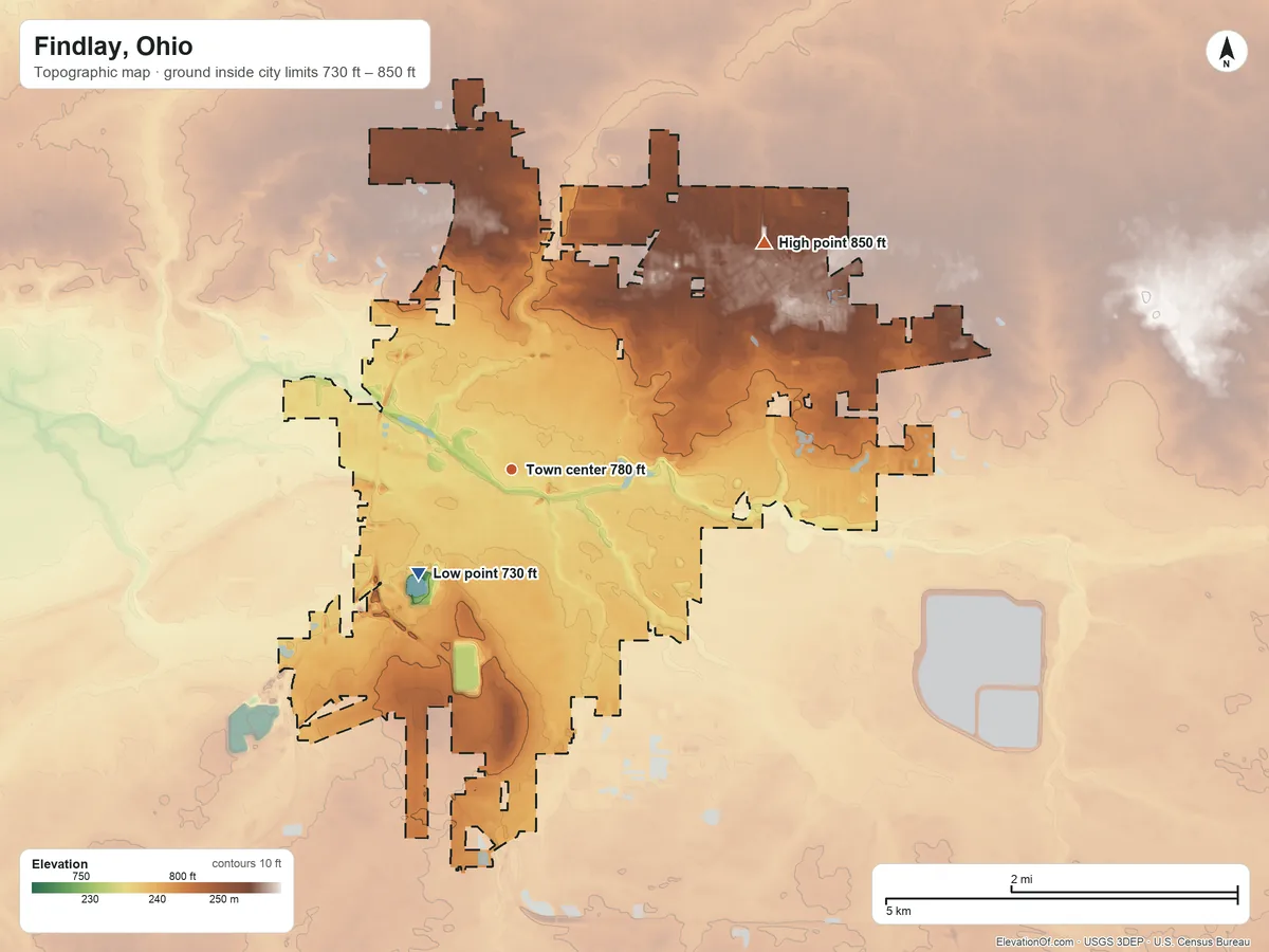 Topographic elevation map of Findlay, Ohio, shaded from 730 ft on the southwest side to 850 ft on the northeast side