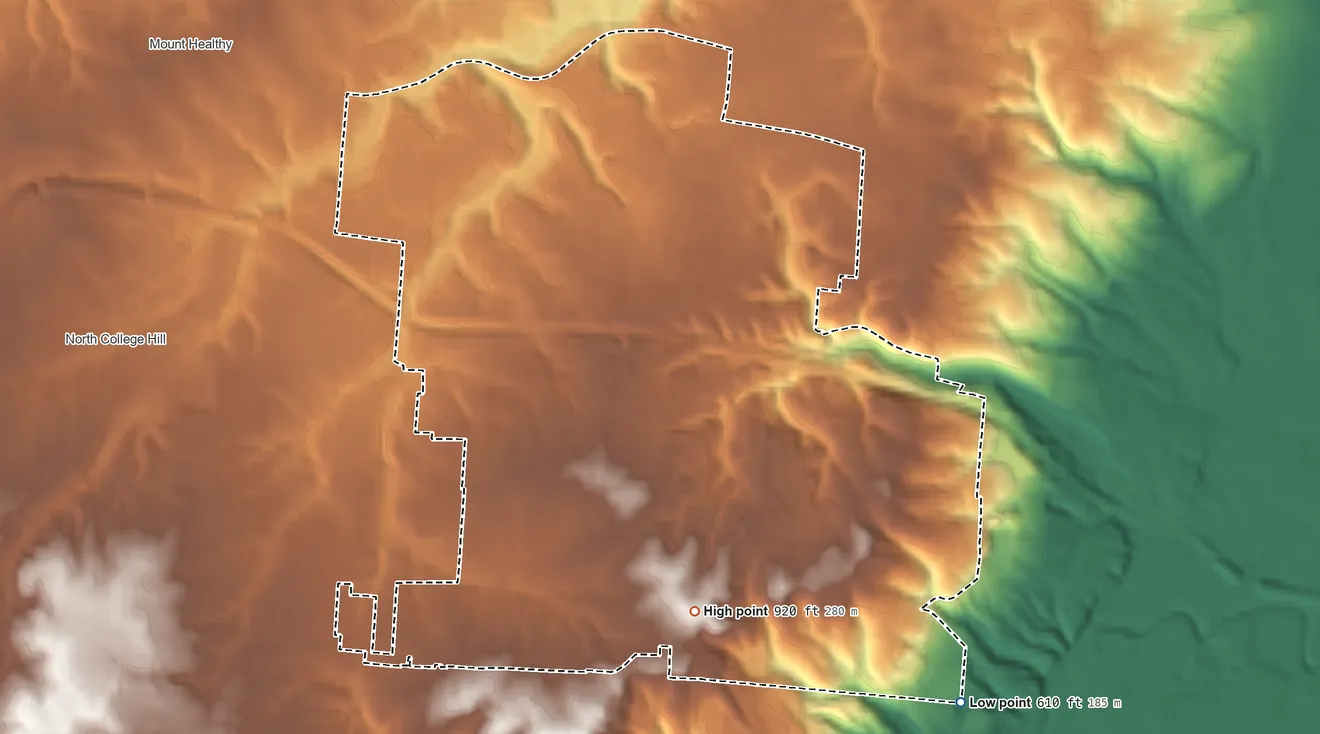 Topographic elevation map of Finneytown, Ohio, shaded from 610 ft on the southeast side to 920 ft on the southeast side