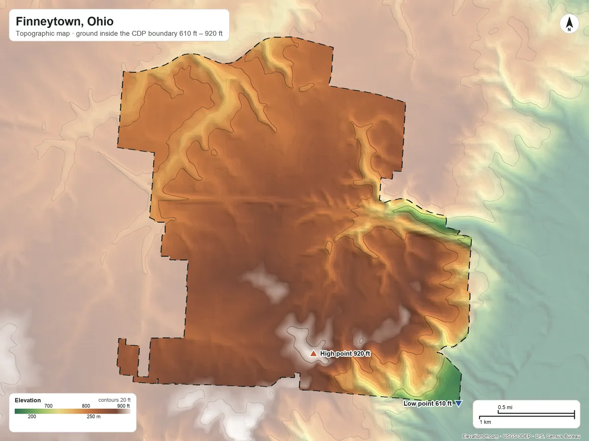 Topographic elevation map of Finneytown, Ohio, shaded from 610 ft on the southeast side to 920 ft on the southeast side
