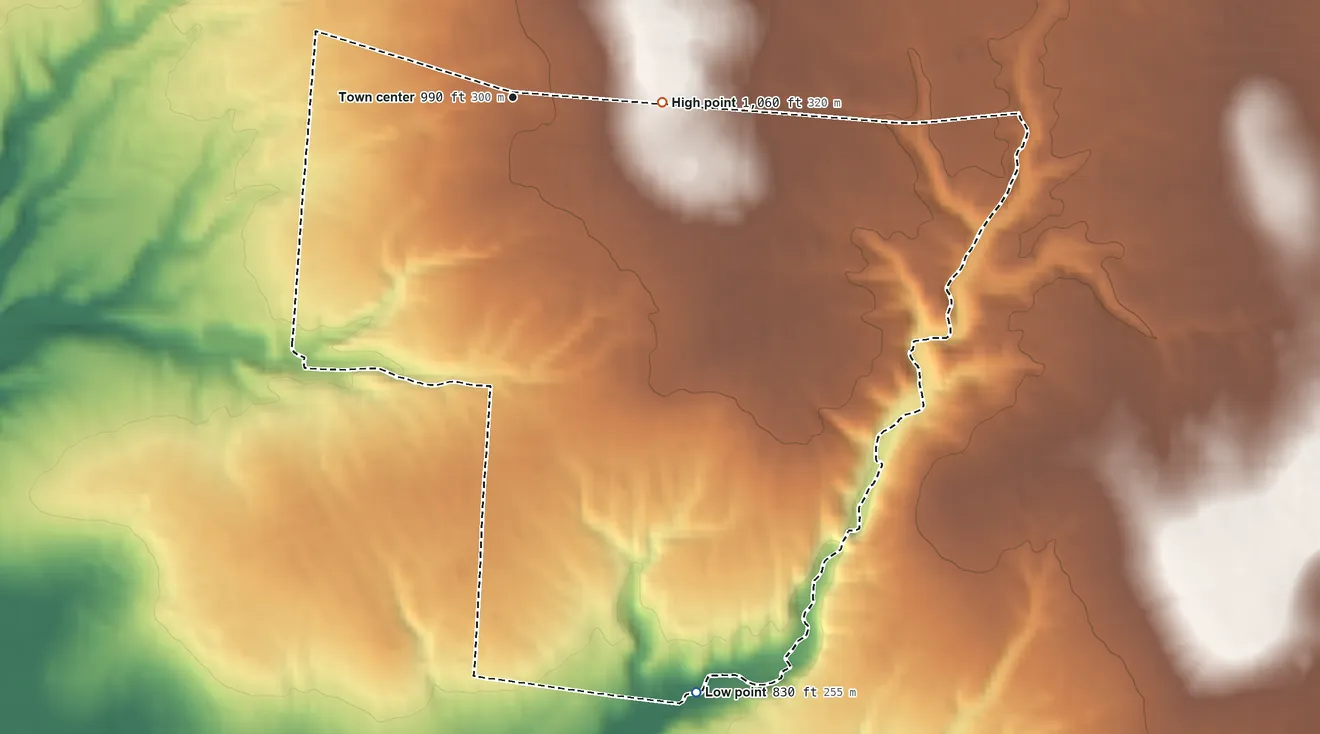 Topographic elevation map of Five Points, Ohio, shaded from 830 ft on the south side to 1,060 ft on the east side