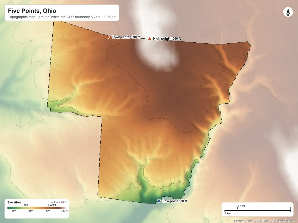 Topographic elevation map of Five Points, Ohio, shaded from 830 ft on the south side to 1,060 ft on the east side