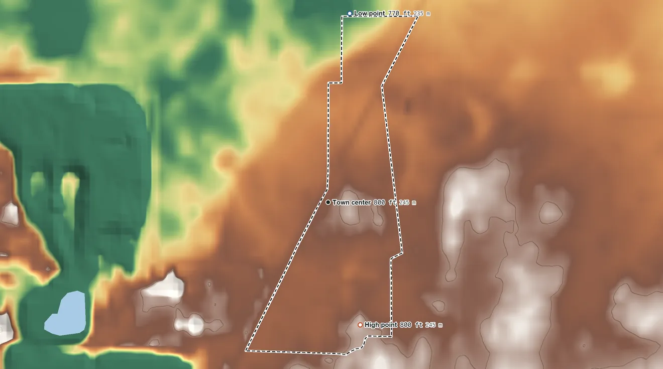 Topographic elevation map of Flat Rock, Ohio, shaded from 770 ft on the north side to 800 ft on the south side