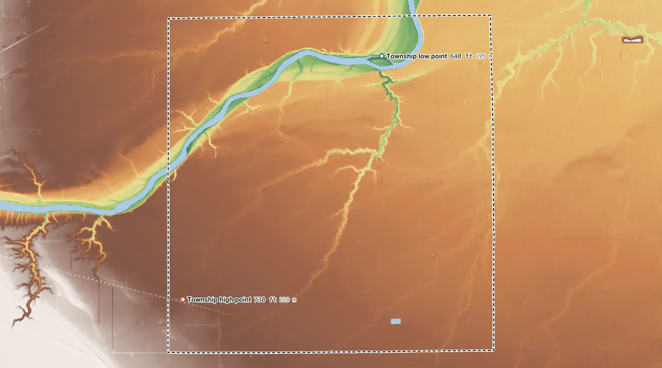 Topographic elevation map of Flatrock Township, Ohio, shaded from 640 ft on the north side to 730 ft on the southwest side