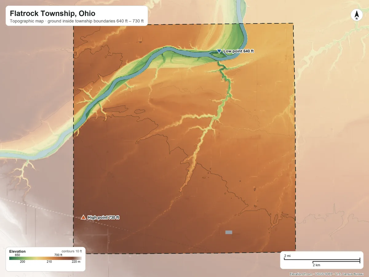 Topographic elevation map of Flatrock Township, Ohio, shaded from 640 ft on the north side to 730 ft on the southwest side