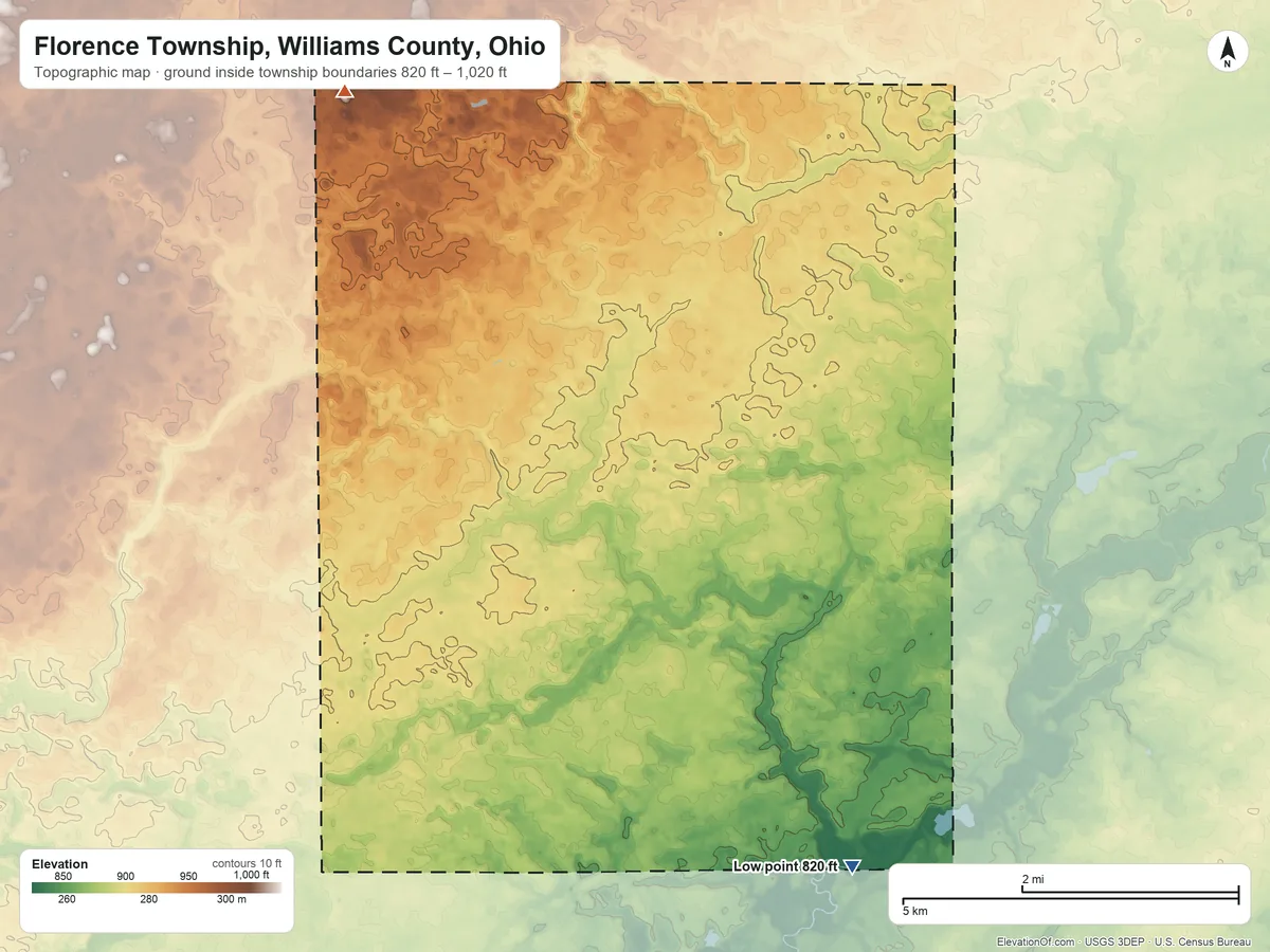 Topographic elevation map of Florence Township, Williams County, Ohio, shaded from 820 ft on the southeast side to 1,020 ft on the northwest side