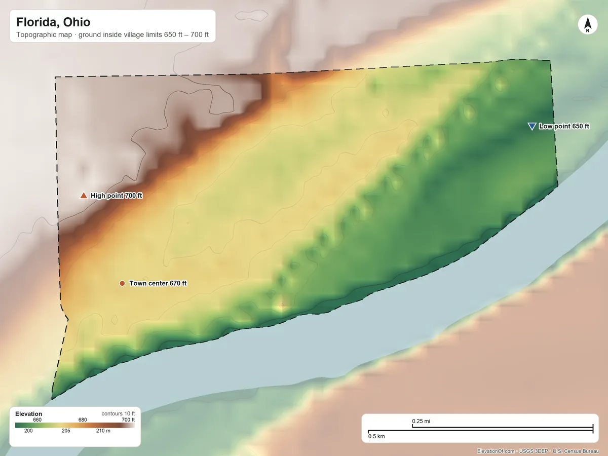 Topographic elevation map of Florida, Ohio, shaded from 650 ft on the east side to 700 ft on the northwest side