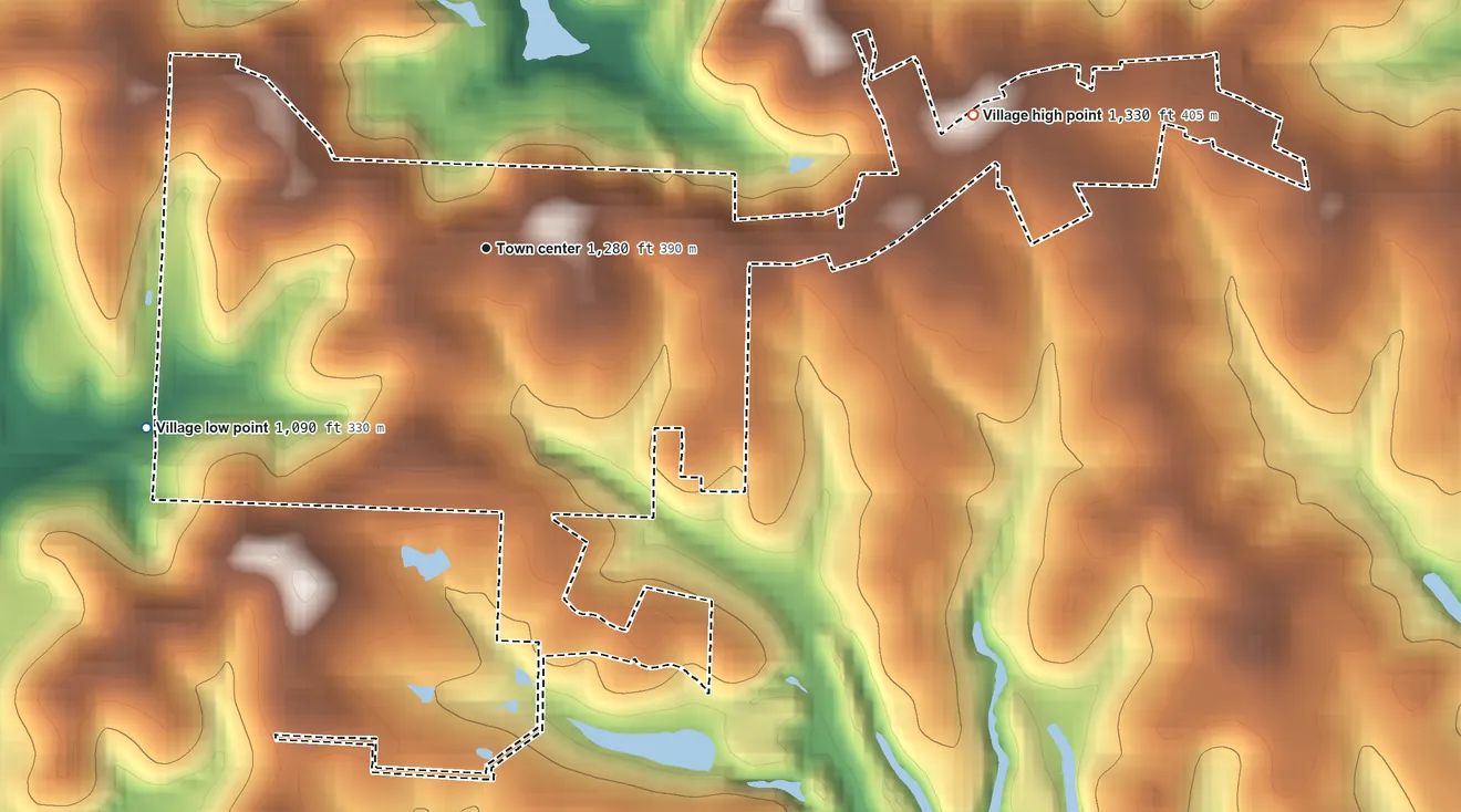 Topographic elevation map of Flushing, Ohio, shaded from 1,090 ft on the southwest side to 1,330 ft on the east side