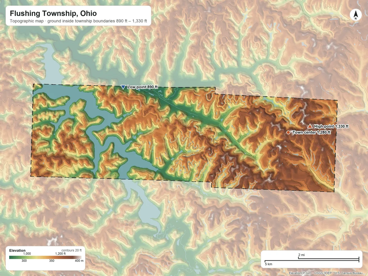 Topographic elevation map of Flushing Township, Ohio, shaded from 890 ft on the west side to 1,330 ft near the middle