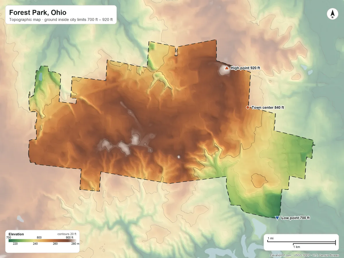 Topographic elevation map of Forest Park, Ohio, shaded from 700 ft on the south side to 920 ft on the northwest side