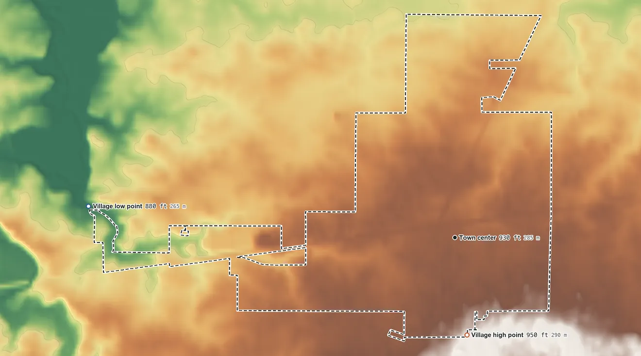 Topographic elevation map of Forest, Ohio, shaded from 880 ft on the west side to 950 ft on the south side
