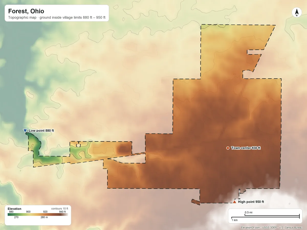 Topographic elevation map of Forest, Ohio, shaded from 880 ft on the west side to 950 ft on the south side