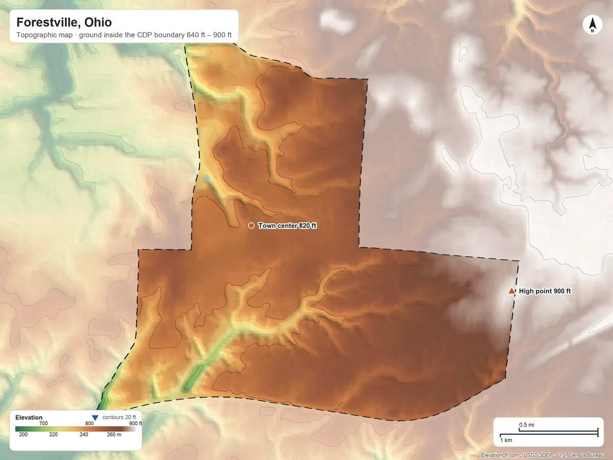 Topographic elevation map of Forestville, Ohio, shaded from 640 ft on the southwest side to 900 ft on the east side