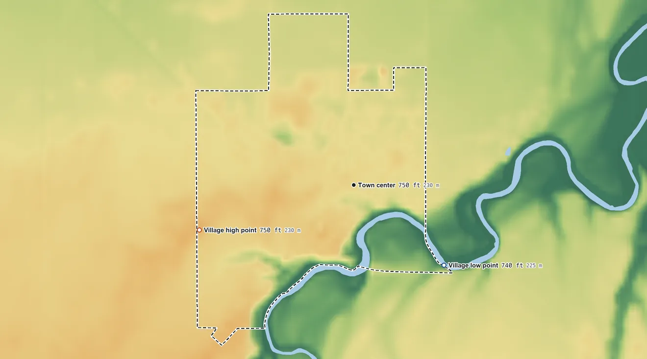 Topographic elevation map of Fort Jennings, Ohio, shaded from 740 ft on the southeast side to 750 ft on the west side