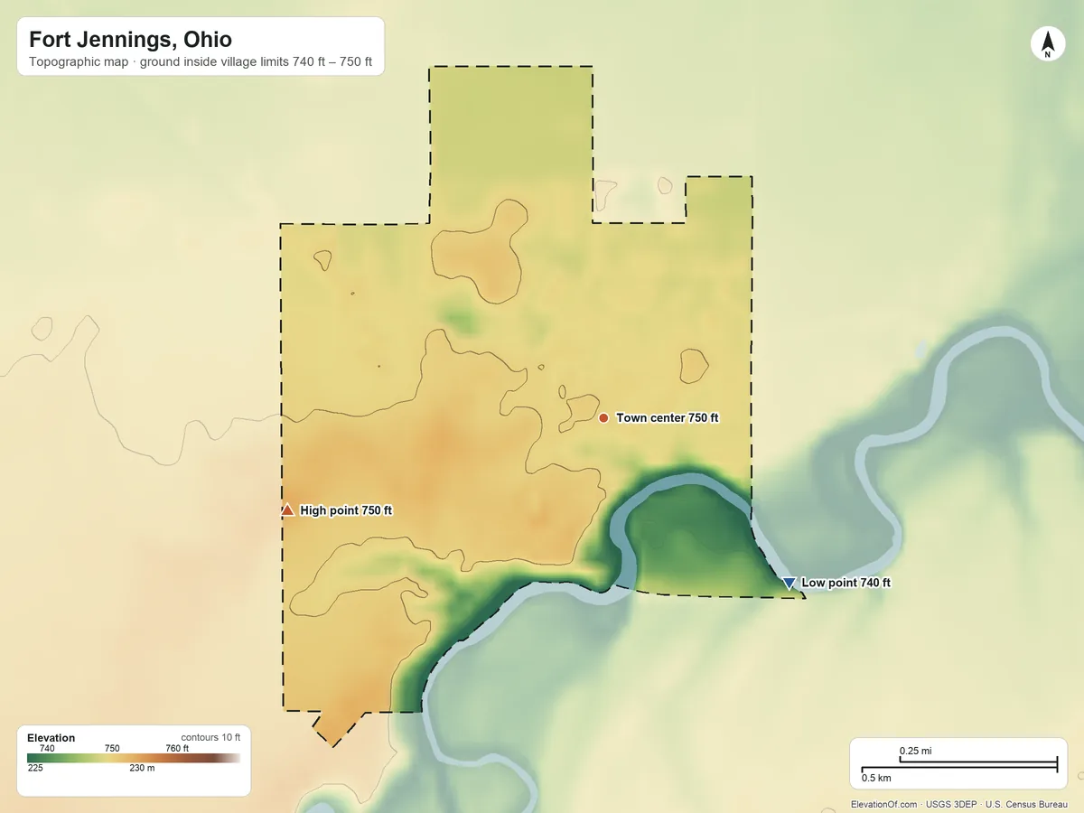 Topographic elevation map of Fort Jennings, Ohio, shaded from 740 ft on the southeast side to 750 ft on the west side