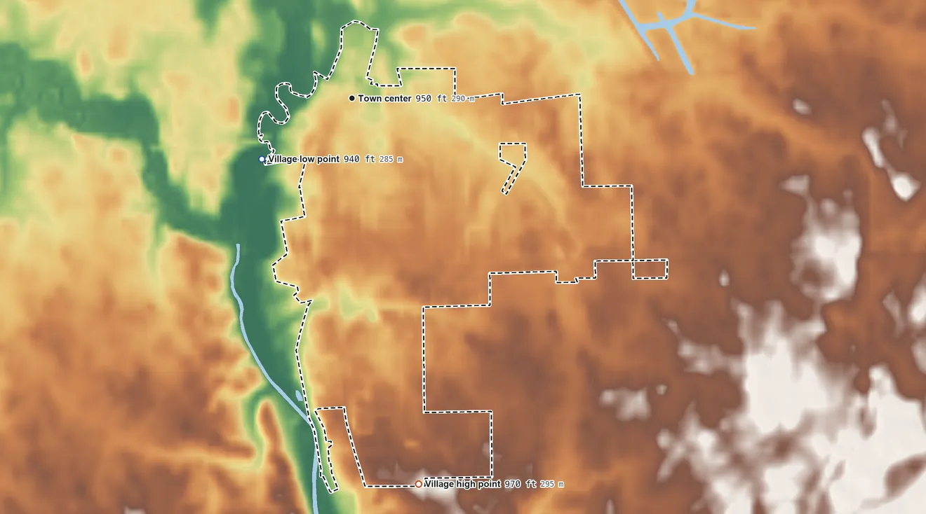 Topographic elevation map of Fort Loramie, Ohio, shaded from 940 ft on the southwest side to 970 ft on the south side