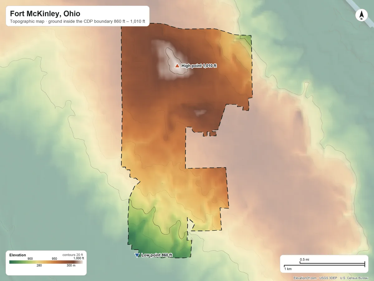 Topographic elevation map of Fort McKinley, Ohio, shaded from 860 ft on the south side to 1,010 ft on the north side