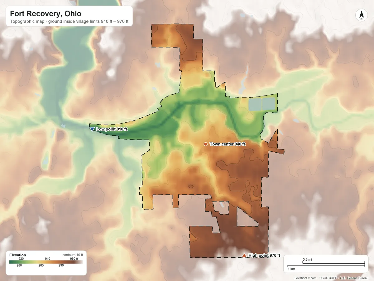 Topographic elevation map of Fort Recovery, Ohio, shaded from 910 ft on the west side to 970 ft on the south side