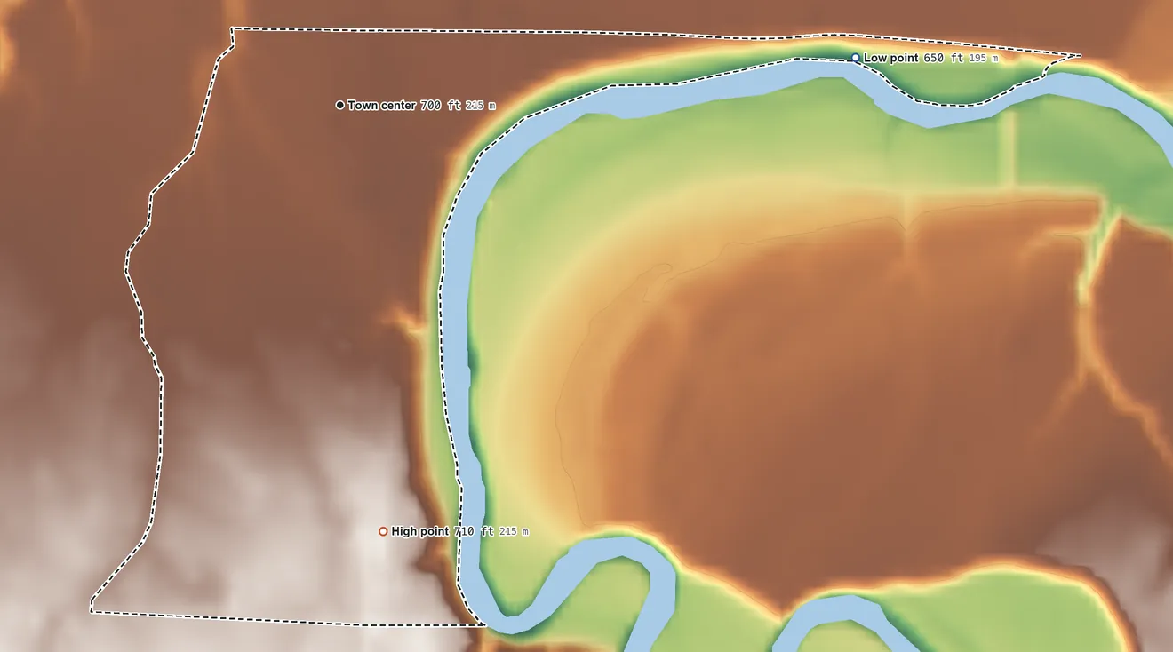 Topographic elevation map of Fort Seneca, Ohio, shaded from 650 ft on the east side to 710 ft on the south side