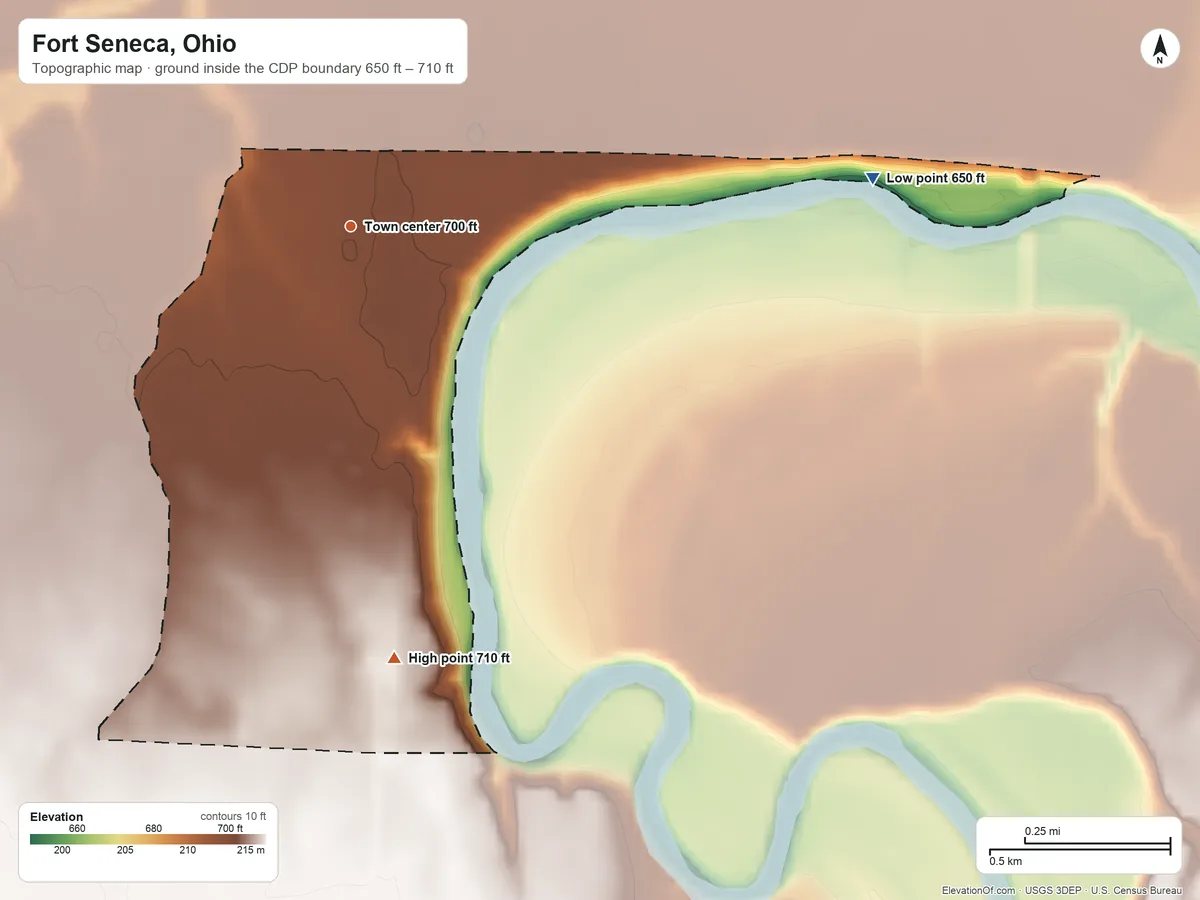 Topographic elevation map of Fort Seneca, Ohio, shaded from 650 ft on the east side to 710 ft on the south side