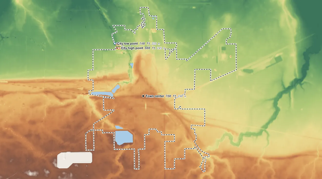Topographic elevation map of Fostoria, Ohio, shaded from 740 ft on the northwest side to 800 ft on the northwest side