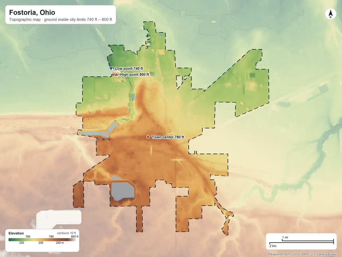 Topographic elevation map of Fostoria, Ohio, shaded from 740 ft on the northwest side to 800 ft on the northwest side