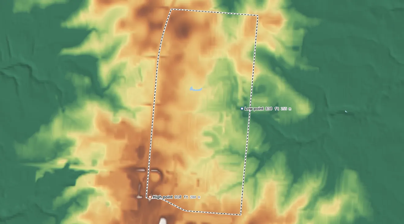 Topographic elevation map of Four Bridges, Ohio, shaded from 830 ft on the southeast side to 910 ft on the southwest side
