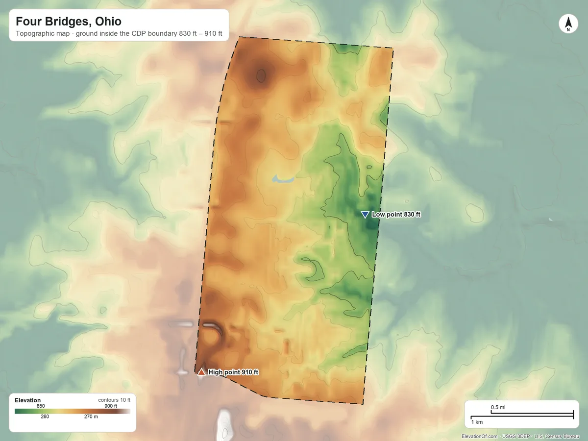 Topographic elevation map of Four Bridges, Ohio, shaded from 830 ft on the southeast side to 910 ft on the southwest side