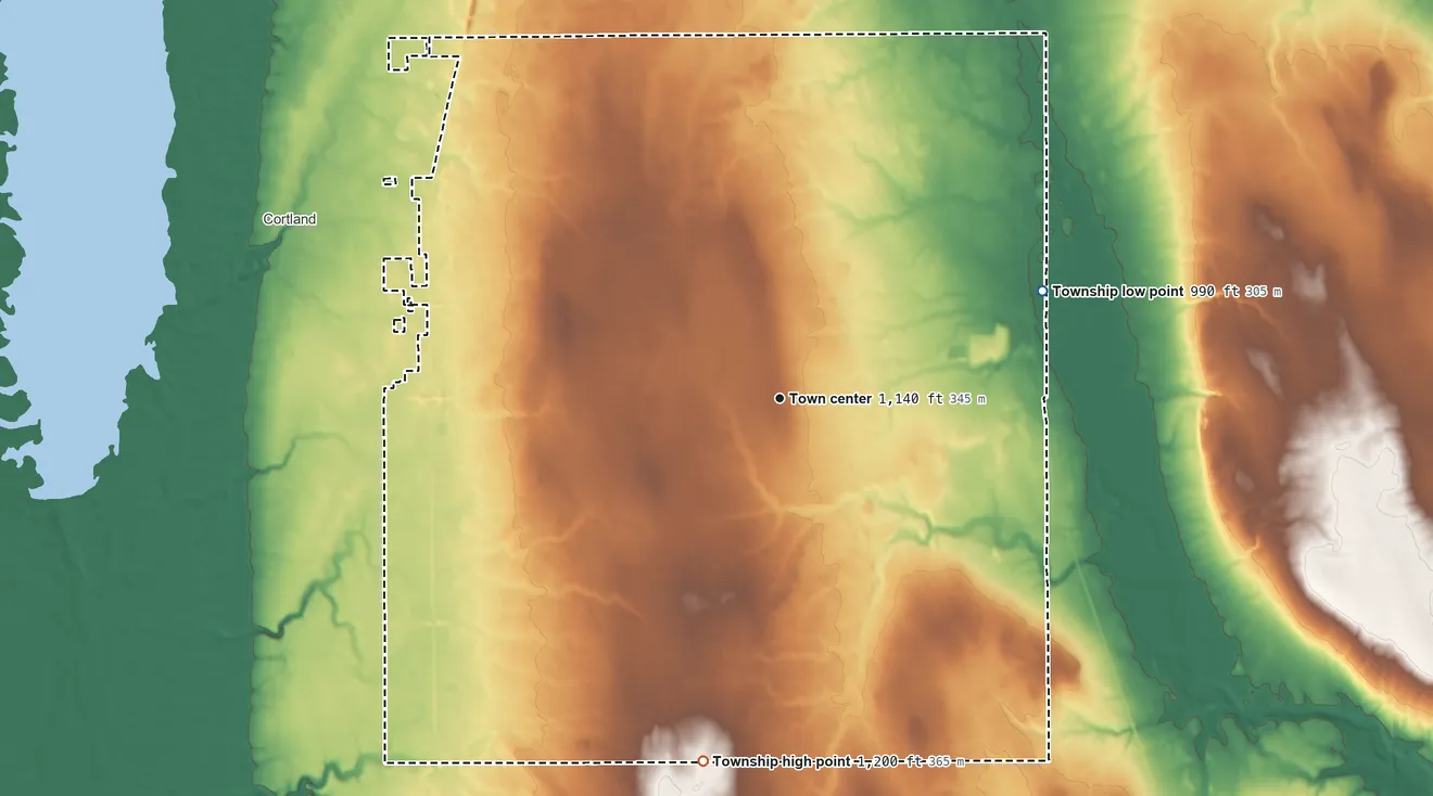 Topographic elevation map of Fowler Township, Ohio, shaded from 990 ft on the east side to 1,200 ft on the south side