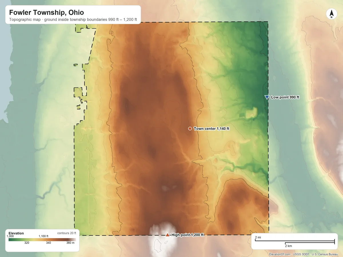 Topographic elevation map of Fowler Township, Ohio, shaded from 990 ft on the east side to 1,200 ft on the south side