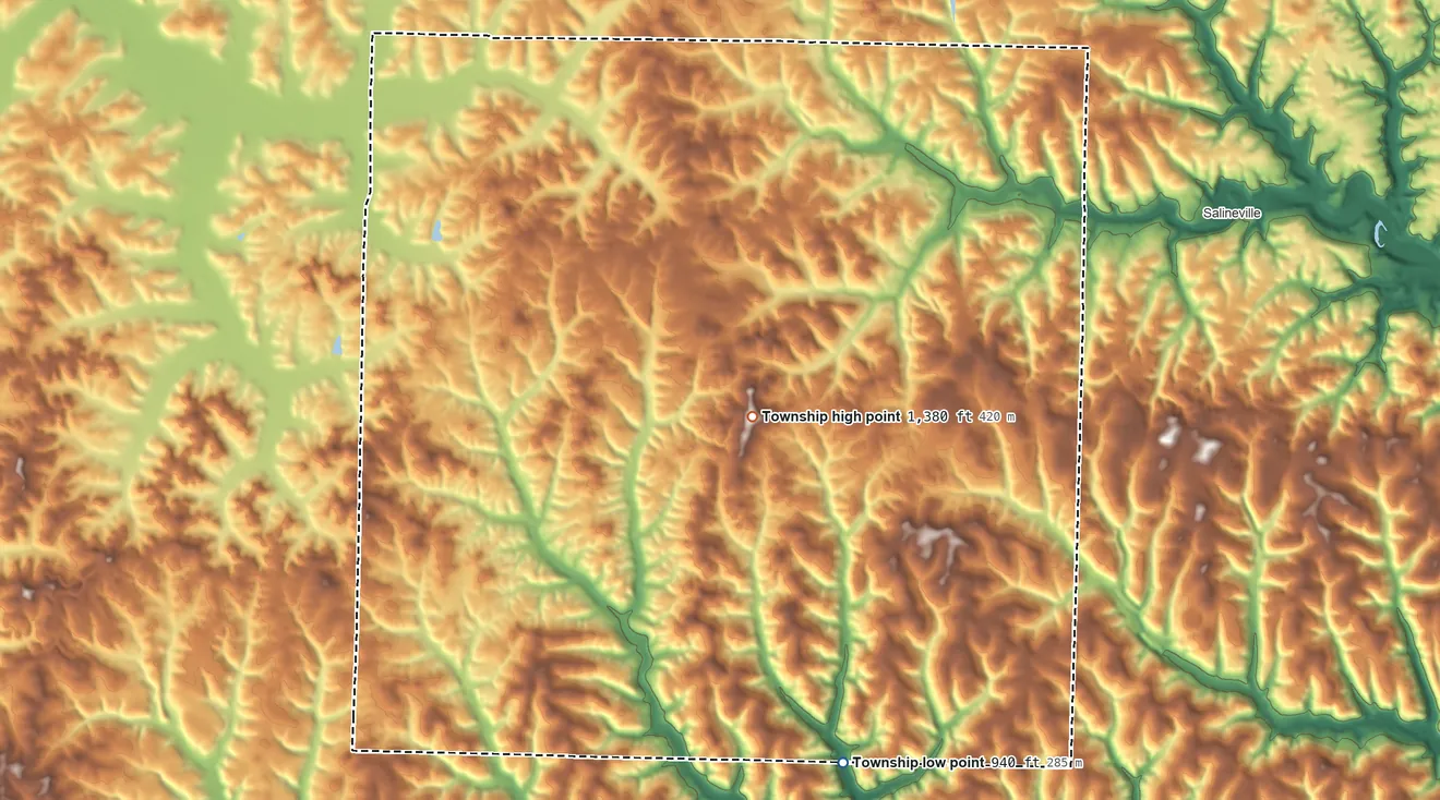 Topographic elevation map of Fox Township, Ohio, shaded from 940 ft on the south side to 1,380 ft on the southeast side