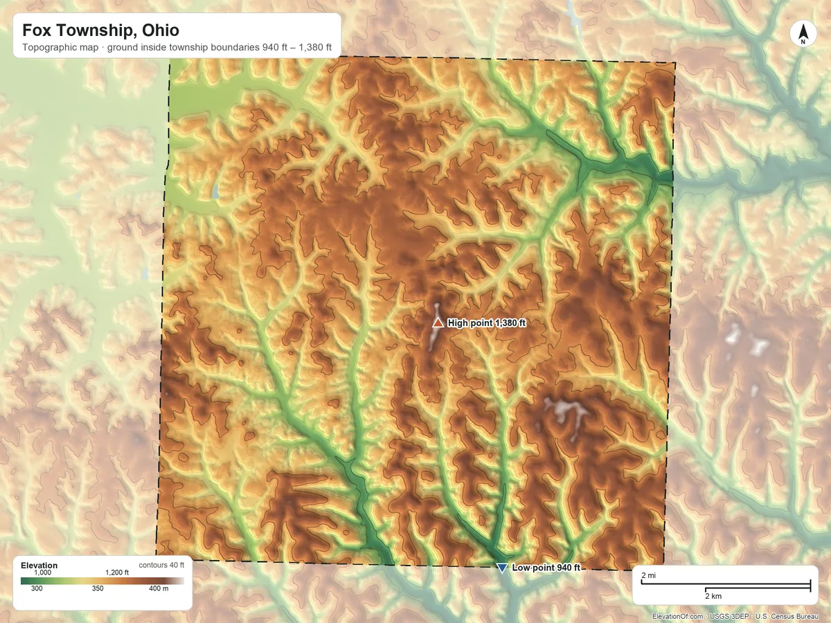 Topographic elevation map of Fox Township, Ohio, shaded from 940 ft on the south side to 1,380 ft on the southeast side