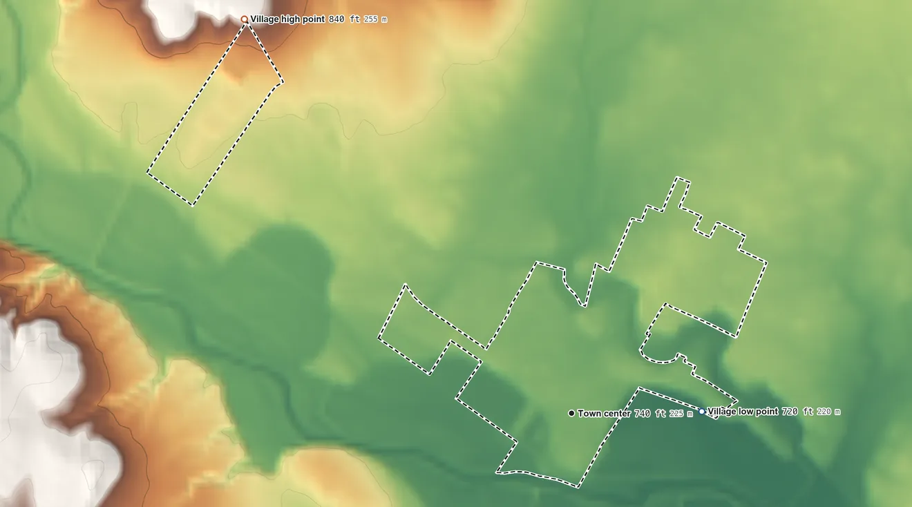 Topographic elevation map of Frankfort, Ohio, shaded from 720 ft on the east side to 840 ft on the northwest side