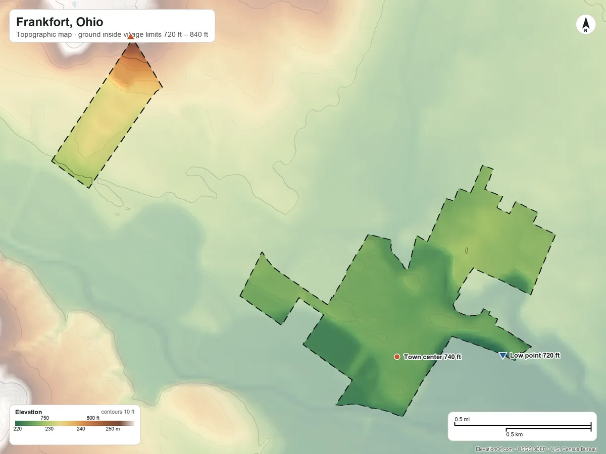 Topographic elevation map of Frankfort, Ohio, shaded from 720 ft on the east side to 840 ft on the northwest side