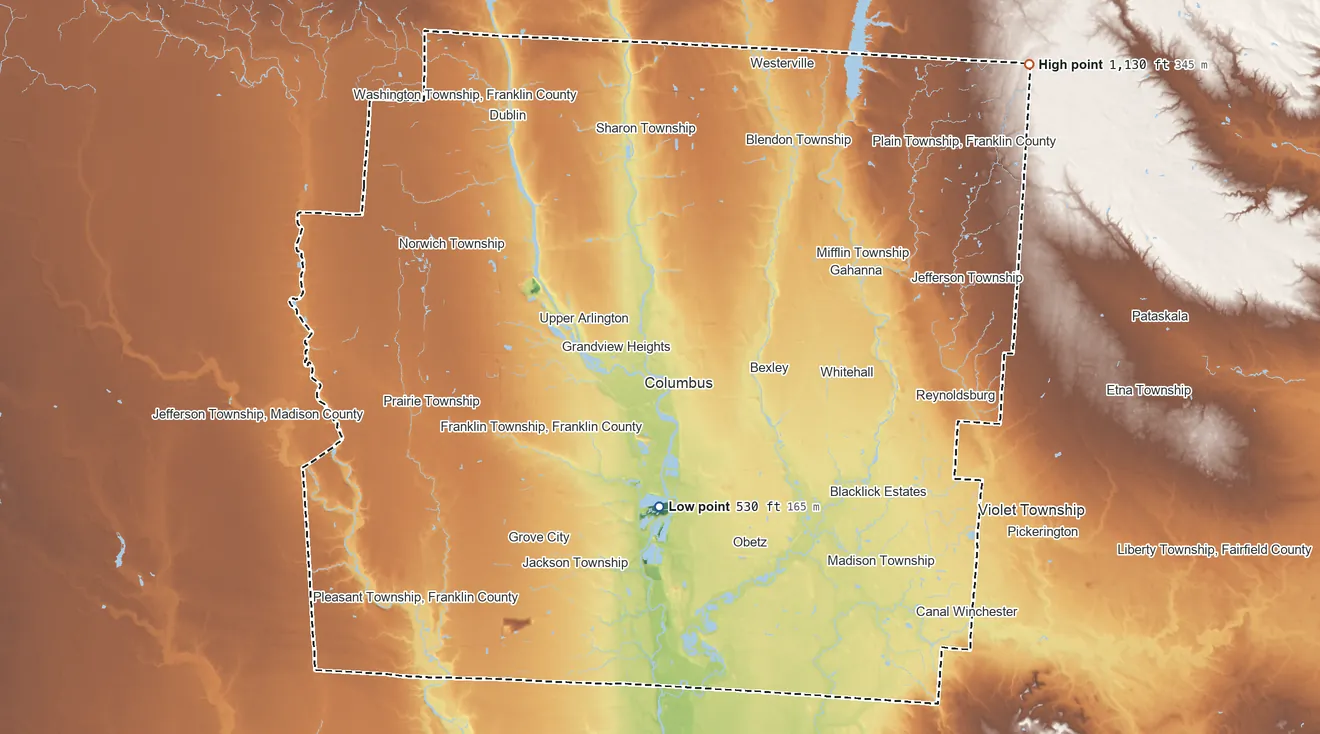 Topographic elevation map of Franklin County, Ohio, shaded from 530 ft on the south side to 1,130 ft on the northeast side