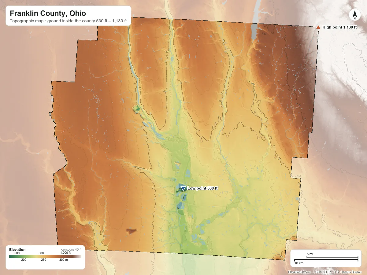 Topographic elevation map of Franklin County, Ohio, shaded from 530 ft on the south side to 1,130 ft on the northeast side
