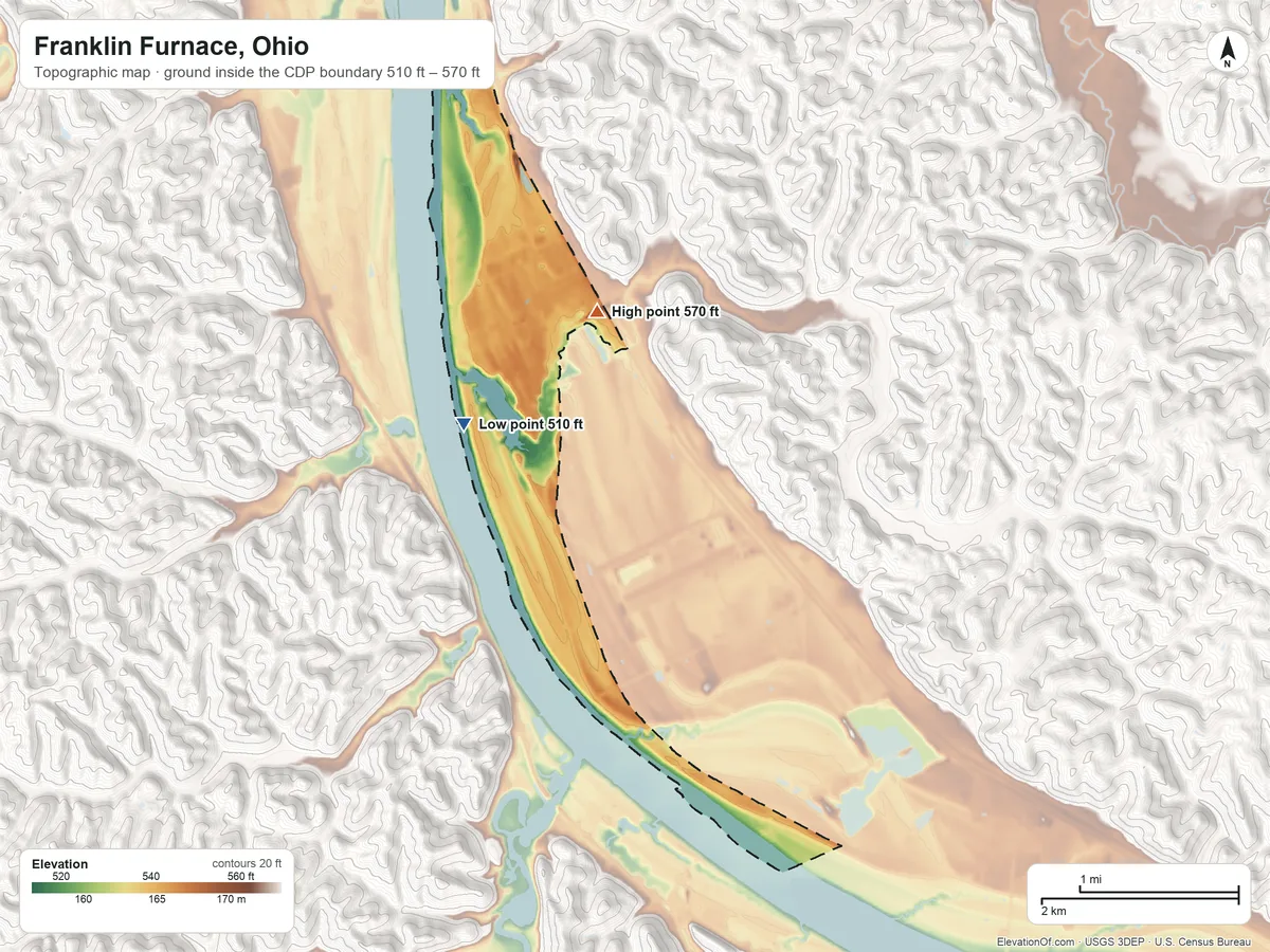 Topographic elevation map of Franklin Furnace, Ohio, shaded from 510 ft on the southwest side to 570 ft on the east edge, below higher ground just outside