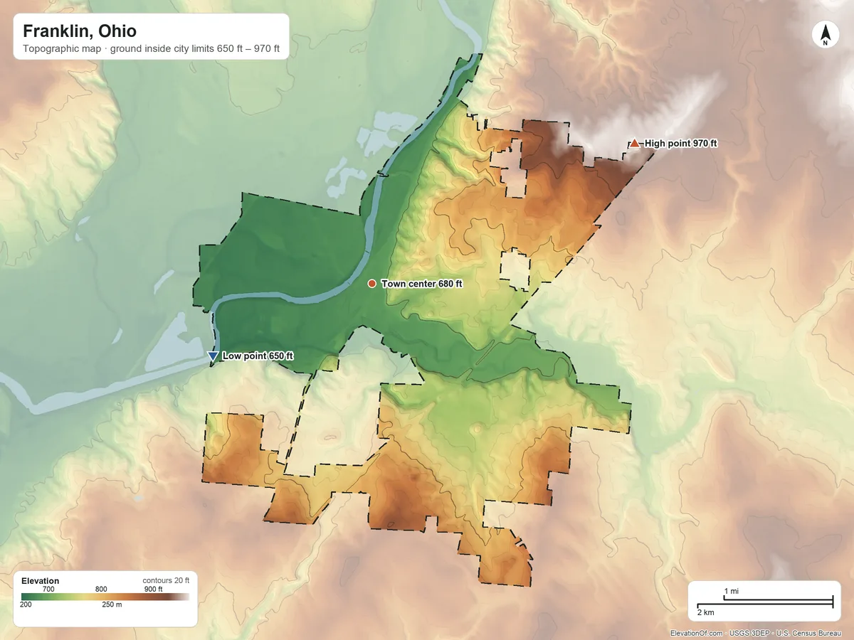 Topographic elevation map of Franklin, Ohio, shaded from 650 ft on the southwest side to 970 ft on the northeast side